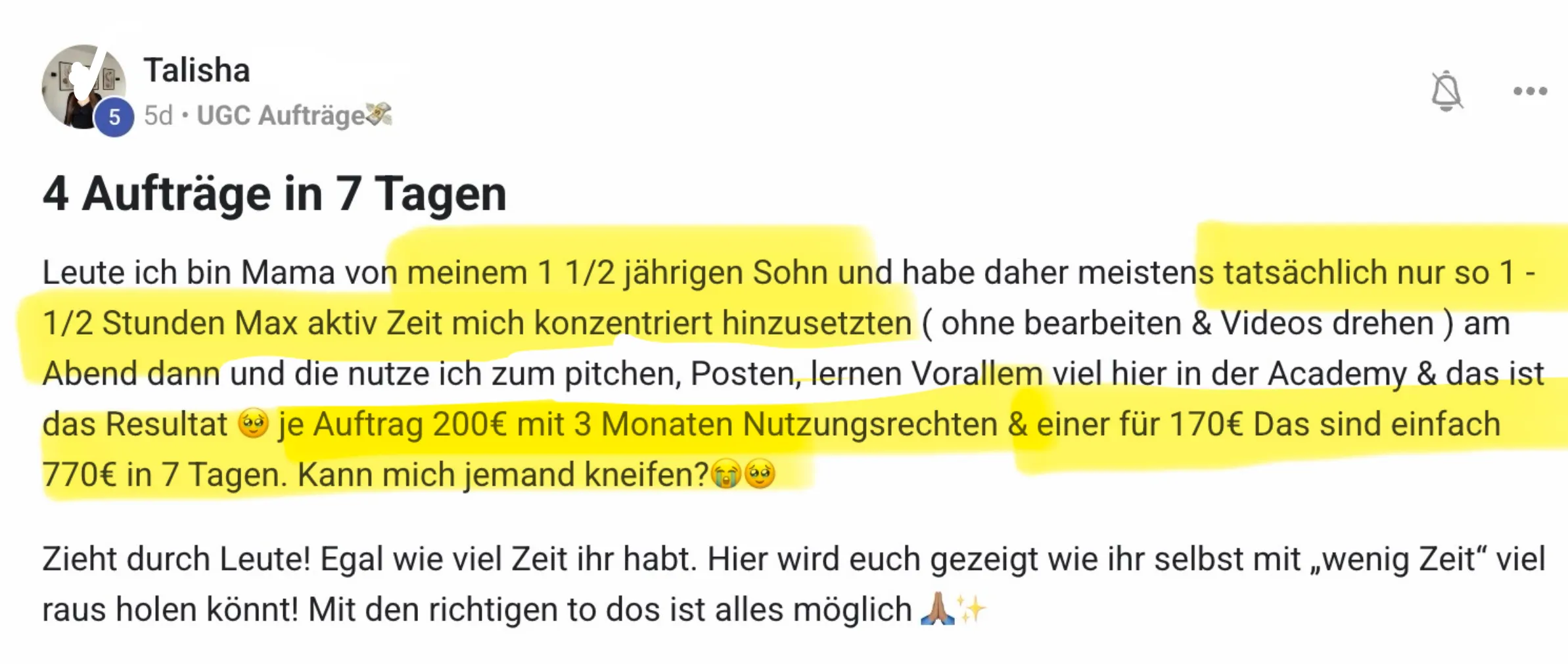 Talisha — 4 Aufträge in 7 Tagen, 770€