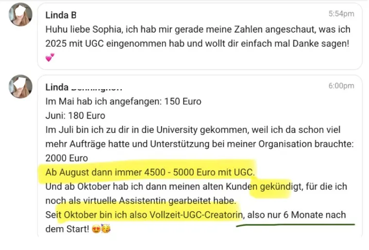 Linda — Chat-Verlauf mit Umsatz-Progression