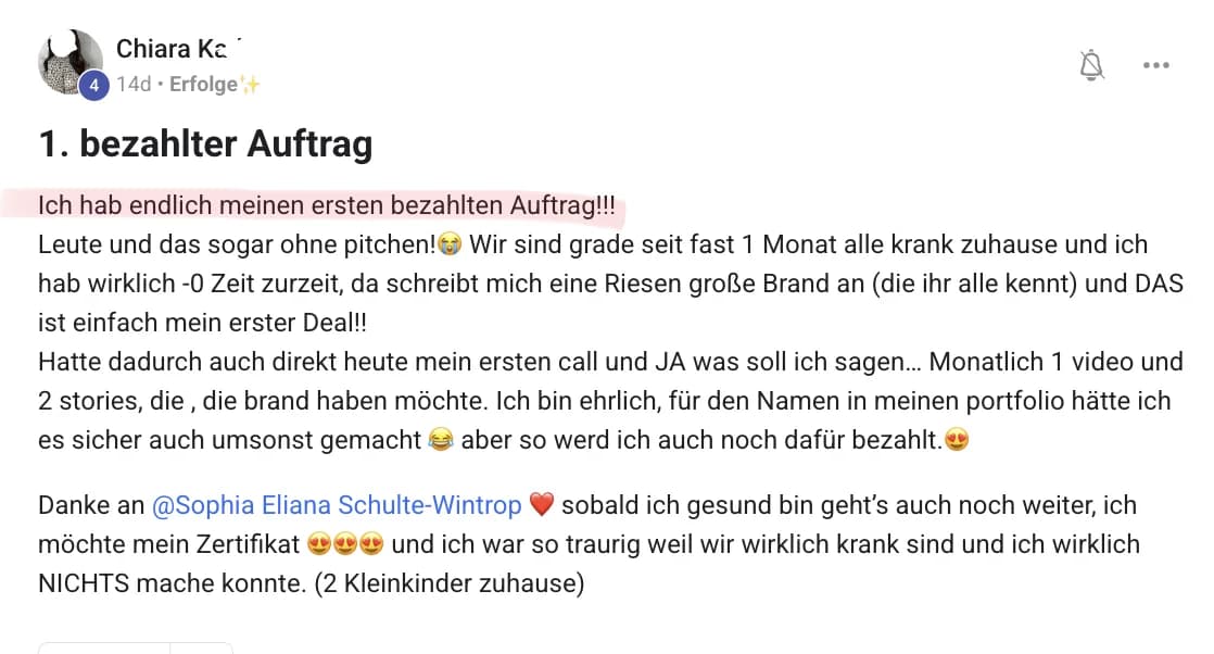 Chiara — Screenshot: erster bezahlter Auftrag, ohne zu pitchen