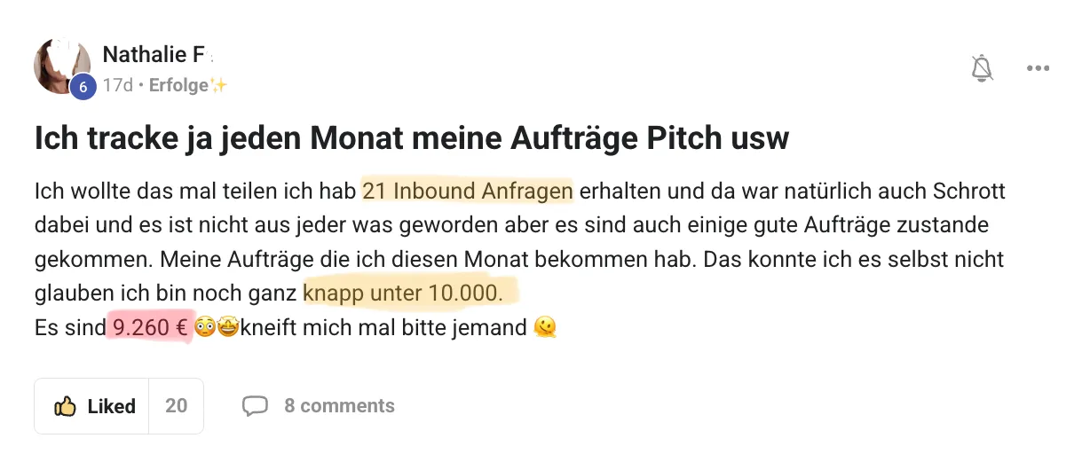 Nathalie — Screenshot: 21 Inbound-Anfragen, 9.260 € in einem Monat