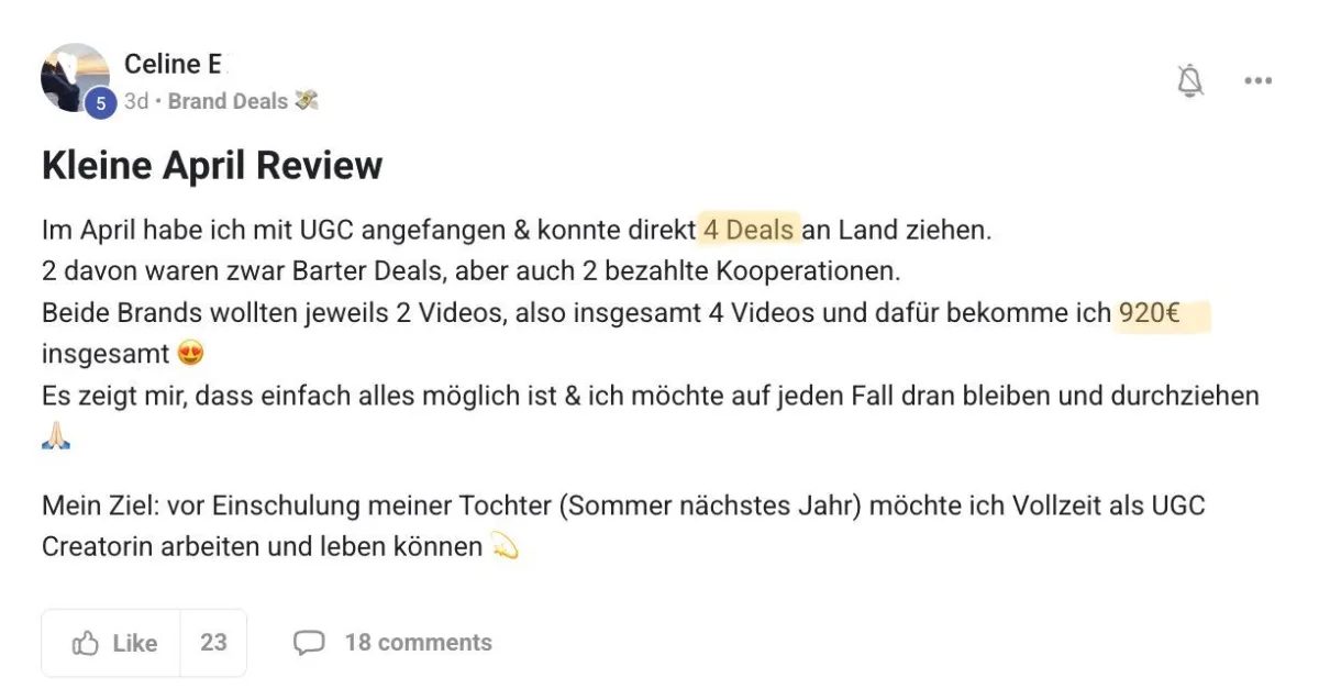 Celine — Screenshot: 4 Deals und 920 € im ersten Monat