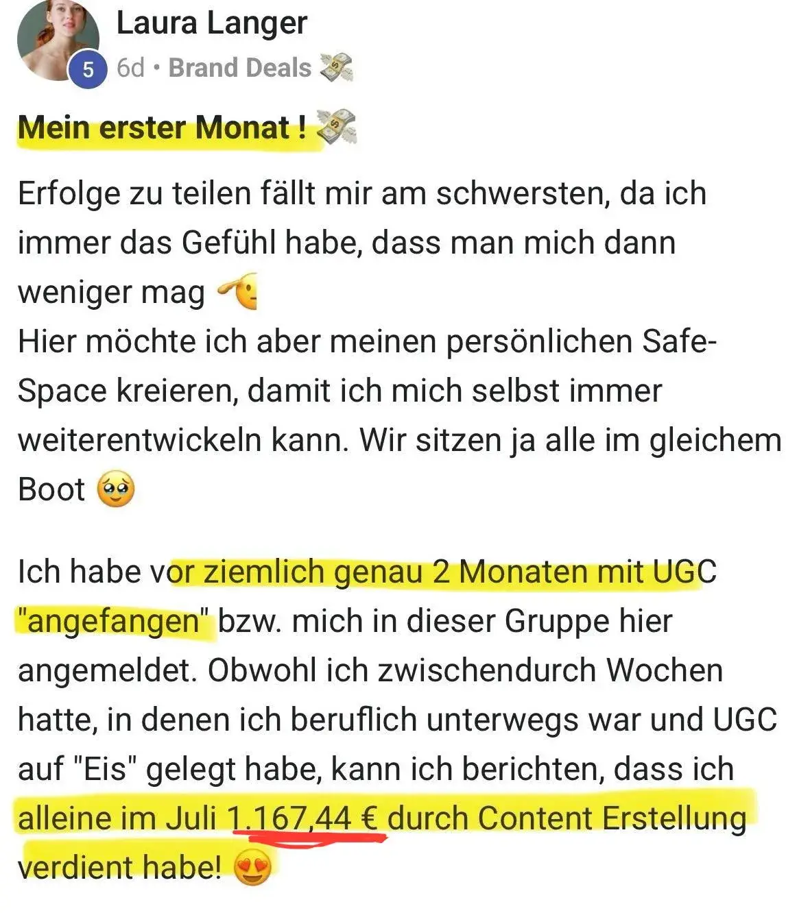Laura — Screenshot: 1.167,44 € im ersten Monat mit UGC