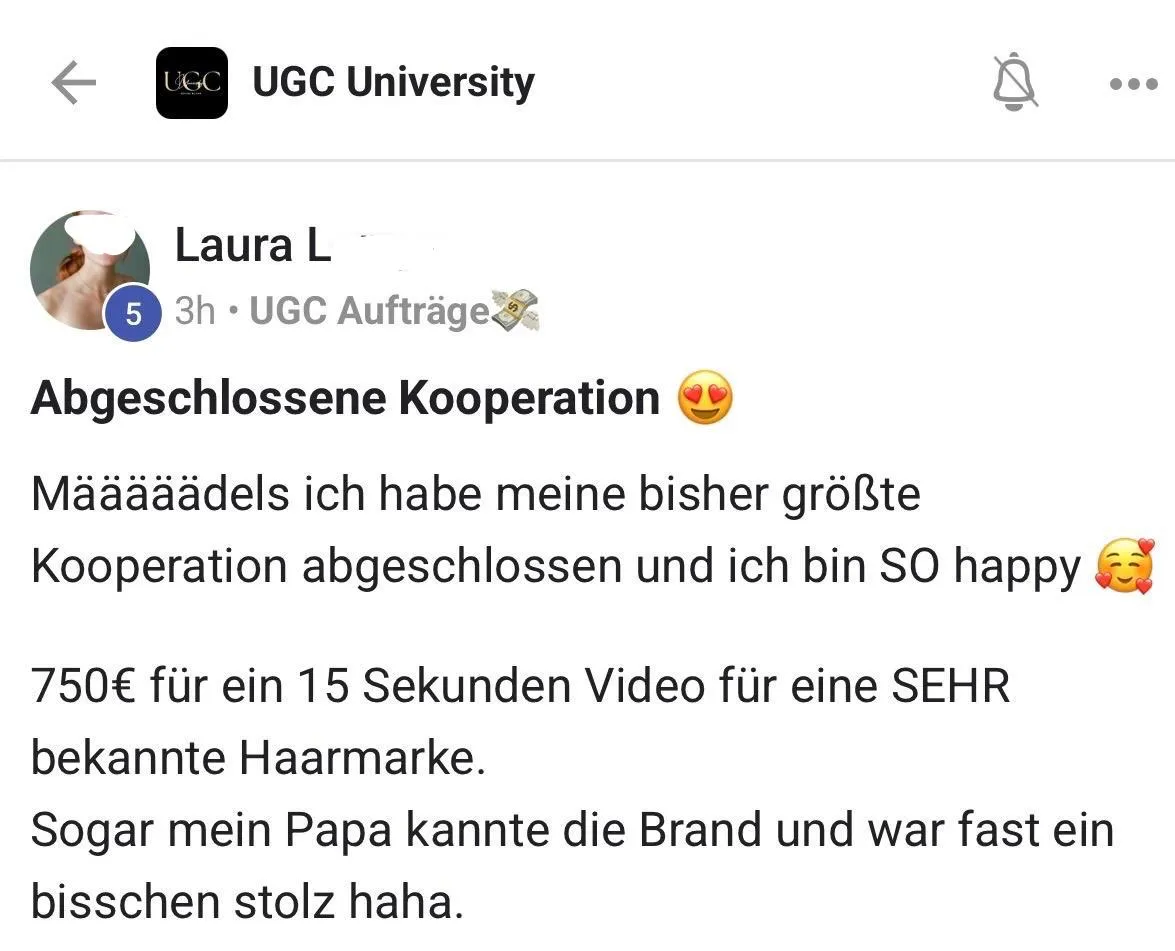 Laura L. — Screenshot: 750 € für ein 15-Sekunden-Video