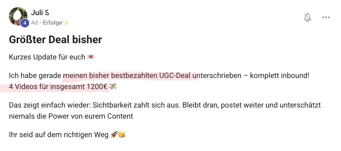 Juli — Screenshot: bestbezahlter UGC-Deal, 4 Videos für 1.200 €, komplett inbound